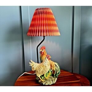 Vintage Rooster and Chicken Table Lamp Plaid Shade Farmhouse Cottage 20"